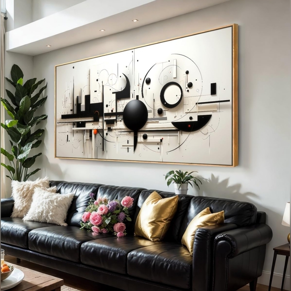 Modern Black & White Geometric Canvas Art – 24"x48" Framed Ready To Hang